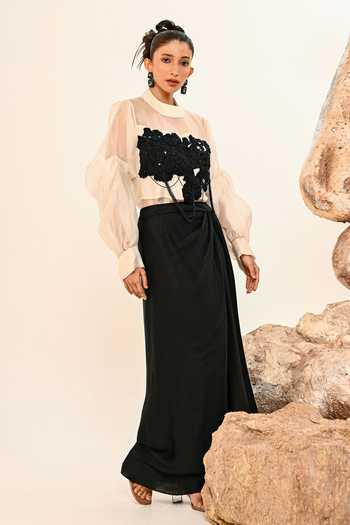 Day And Mood_Black Organza, Satin, Modal High Neck Embroidered Shirt And Skirt Set _Online_at_Aza_Fashions