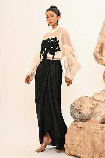 Buy_Day And Mood_Black Organza, Satin, Modal High Neck Embroidered Shirt And Skirt Set _Online_at_Aza_Fashions