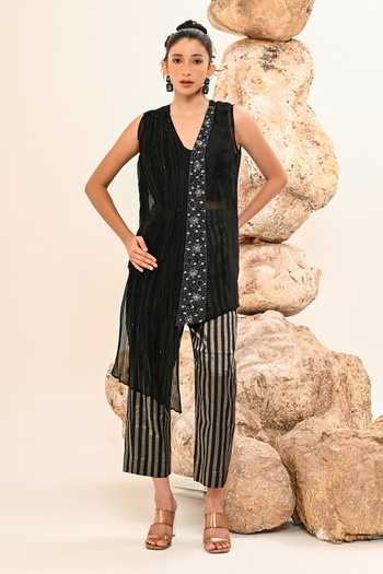 Day And Mood_Black Organza, Tissue V-neck Embroidered Jacket And Pant Set _Online_at_Aza_Fashions