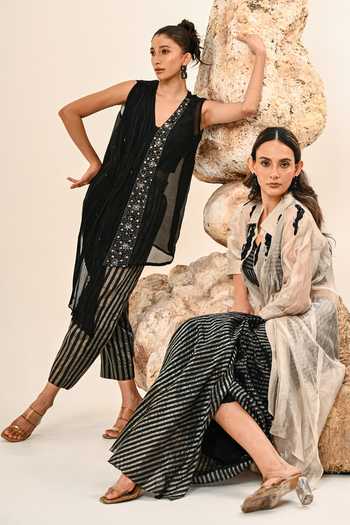 Day And Mood_Black Organza, Tissue V-neck Embroidered Jacket And Pant Set _at_Aza_Fashions