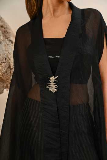 Day And Mood_Black Organza, Tissue Shawl Neck Kaftan And Chanderi Pant Set _Online_at_Aza_Fashions