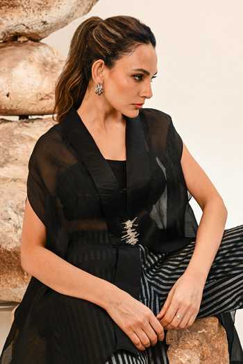 Buy_Day And Mood_Black Organza, Tissue Shawl Neck Kaftan And Chanderi Pant Set _Online_at_Aza_Fashions