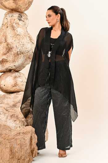 Shop_Day And Mood_Black Organza, Tissue Shawl Neck Kaftan And Chanderi Pant Set _Online_at_Aza_Fashions