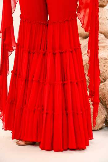 Day And Mood_Red Silk, Chiffon V-neck Tiered Frill Sharara Set _Online_at_Aza_Fashions