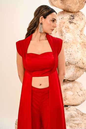 Day And Mood_Red Silk, Satin Sweetheart Neck Blouse And Cutwork Pant Set _Online_at_Aza_Fashions