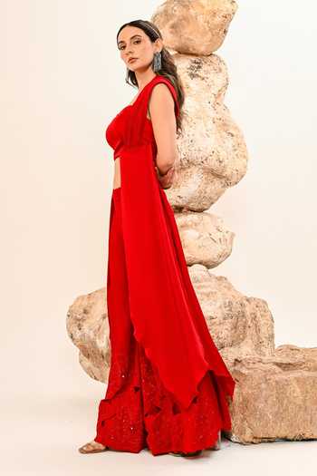 Buy_Day And Mood_Red Silk, Satin Sweetheart Neck Blouse And Cutwork Pant Set _Online_at_Aza_Fashions