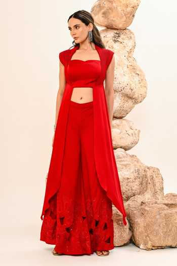Shop_Day And Mood_Red Silk, Satin Sweetheart Neck Blouse And Cutwork Pant Set _Online_at_Aza_Fashions