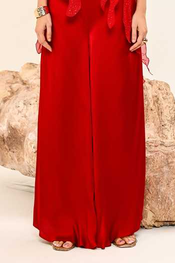 Day And Mood_Red Silk, Organza, Satin, Modal Open Neck Cutwork Jacket And Pant Set _Online_at_Aza_Fashions