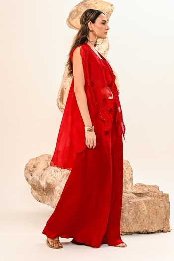 Buy_Day And Mood_Red Silk, Organza, Satin, Modal Open Neck Cutwork Jacket And Pant Set _Online_at_Aza_Fashions