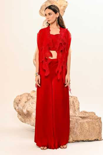 Shop_Day And Mood_Red Silk, Organza, Satin, Modal Open Neck Cutwork Jacket And Pant Set _Online_at_Aza_Fashions