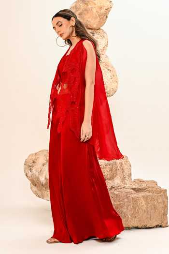 Day And Mood_Red Silk, Organza, Satin, Modal Open Neck Cutwork Jacket And Pant Set _at_Aza_Fashions