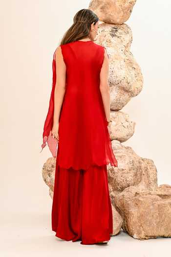 Shop_Day And Mood_Red Silk, Organza, Satin, Modal Open Neck Cutwork Jacket And Pant Set _at_Aza_Fashions