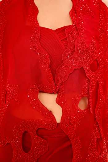 Shop_Day And Mood_Red Silk, Organza, Satin, Modal Open Neck Cutwork Jacket And Pant Set 