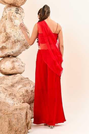 Shop_Day And Mood_Red Organza, Satin, Modal One Shoulder Cowl Draped Blouse And Skirt Set _at_Aza_Fashions
