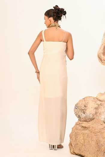 Shop_Day And Mood_Ivory Satin One Shoulder Draped Patchwork Dress _at_Aza_Fashions