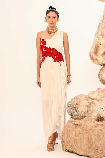 Day And Mood_Ivory Satin One Shoulder Draped Patchwork Dress _Online_at_Aza_Fashions