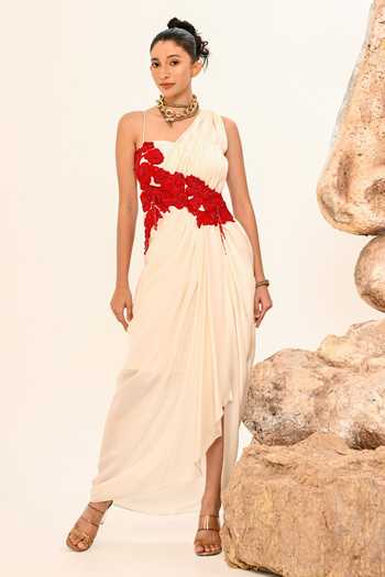 Buy_Day And Mood_Ivory Satin One Shoulder Draped Patchwork Dress _Online_at_Aza_Fashions