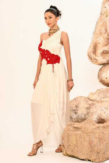 Shop_Day And Mood_Ivory Satin One Shoulder Draped Patchwork Dress _Online_at_Aza_Fashions