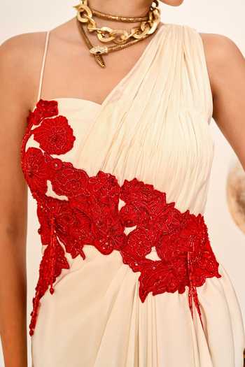 Day And Mood_Ivory Satin One Shoulder Draped Patchwork Dress _at_Aza_Fashions