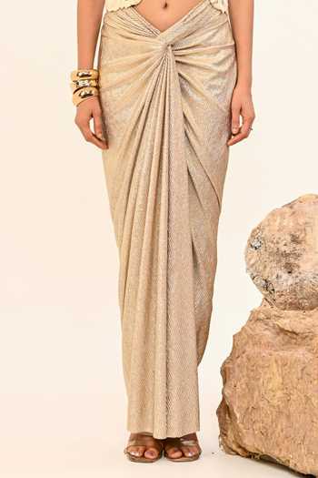 Day And Mood_Ivory Silk V-neck Draped Skirt And Jacket Set _Online_at_Aza_Fashions