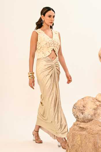 Shop_Day And Mood_Ivory Silk V-neck Draped Skirt And Jacket Set _Online_at_Aza_Fashions