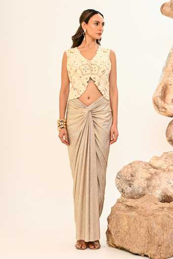 Shop_Day And Mood_Ivory Silk V-neck Draped Skirt And Jacket Set 