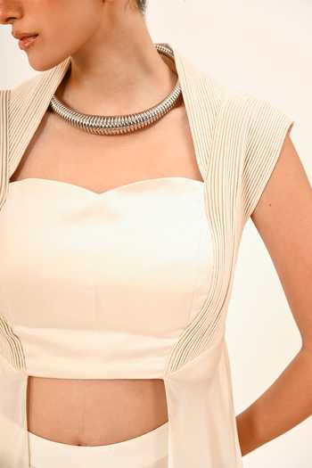 Day And Mood_Ivory Silk, Satin Sweetheart Neck Cutwork Pant And Blouse Set _Online_at_Aza_Fashions