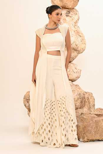 Shop_Day And Mood_Ivory Silk, Satin Sweetheart Neck Cutwork Pant And Blouse Set _Online_at_Aza_Fashions