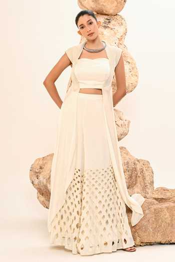 Day And Mood_Ivory Silk, Satin Sweetheart Neck Cutwork Pant And Blouse Set _at_Aza_Fashions