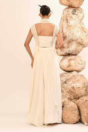 Shop_Day And Mood_Ivory Silk, Satin Sweetheart Neck Cutwork Pant And Blouse Set _at_Aza_Fashions