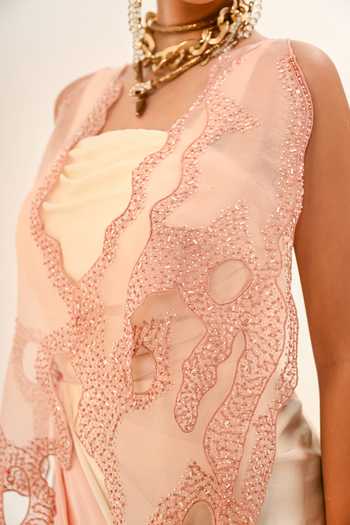 Day And Mood_Pink Organza, Satin, Modal Cowl Neck Draped Cutwork Dress _Online_at_Aza_Fashions