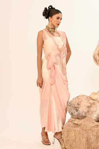 Buy_Day And Mood_Pink Organza, Satin, Modal Cowl Neck Draped Cutwork Dress _Online_at_Aza_Fashions