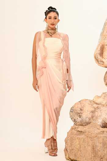 Shop_Day And Mood_Pink Organza, Satin, Modal Cowl Neck Draped Cutwork Dress _at_Aza_Fashions