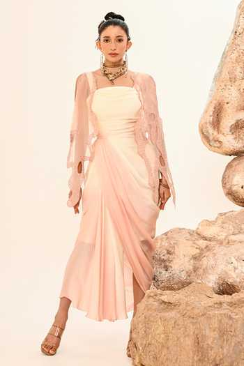 Buy_Day And Mood_Pink Organza, Satin, Modal Cowl Neck Draped Cutwork Dress _at_Aza_Fashions