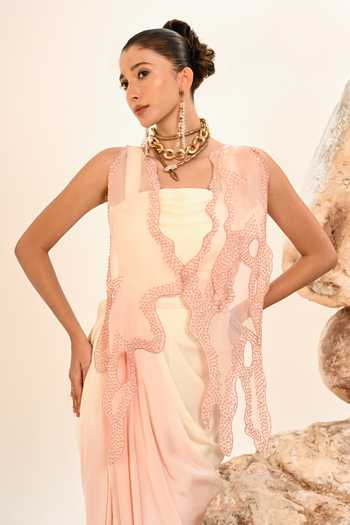 Day And Mood_Pink Organza, Satin, Modal Cowl Neck Draped Cutwork Dress _at_Aza_Fashions