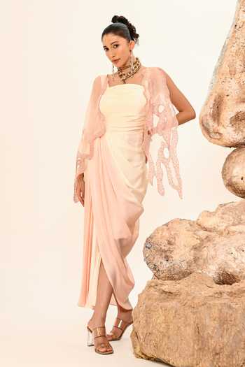Buy_Day And Mood_Pink Organza, Satin, Modal Cowl Neck Draped Cutwork Dress 