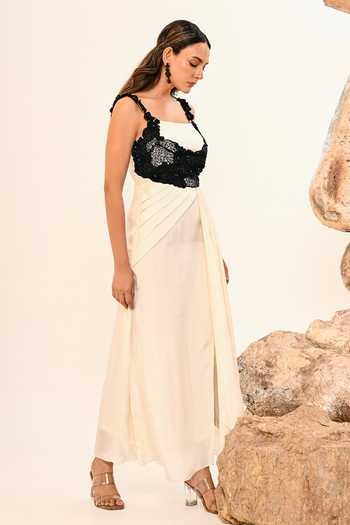 Buy_Day And Mood_Ivory Crepe Square Neck Draped Maxi Dress _Online_at_Aza_Fashions