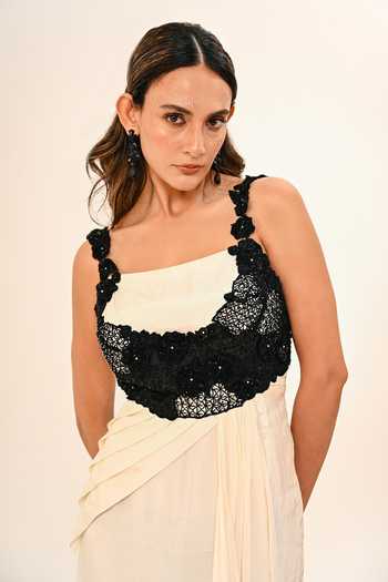 Day And Mood_Ivory Crepe Square Neck Draped Maxi Dress _at_Aza_Fashions