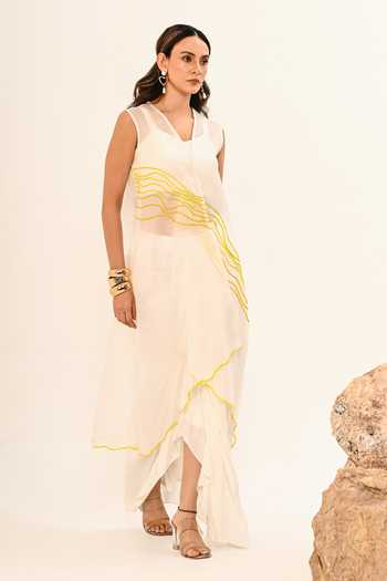 Day And Mood_Ivory Organza, Crepe V-neck Sheer Jacket And Draped Dhoti Skirt Set _Online_at_Aza_Fashions