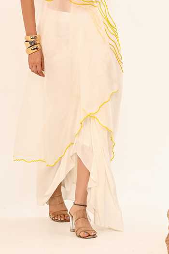 Buy_Day And Mood_Ivory Organza, Crepe V-neck Sheer Jacket And Draped Dhoti Skirt Set _Online_at_Aza_Fashions