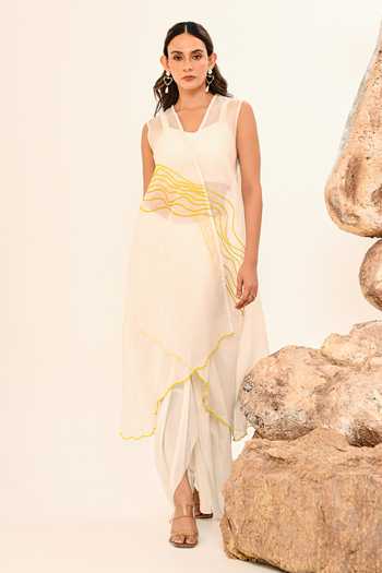 Day And Mood_Ivory Organza, Crepe V-neck Sheer Jacket And Draped Dhoti Skirt Set _at_Aza_Fashions