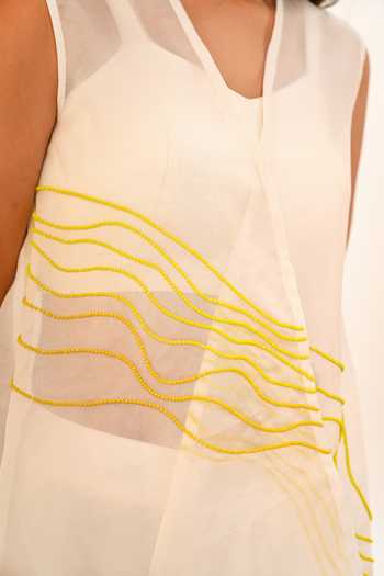 Shop_Day And Mood_Ivory Organza, Crepe V-neck Sheer Jacket And Draped Dhoti Skirt Set 