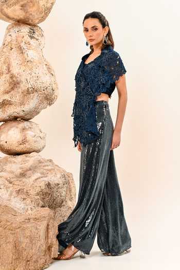 Buy_Day And Mood_Navy Organza, Satin, Modal Floral Cutwork Cape And Pant Set _Online_at_Aza_Fashions