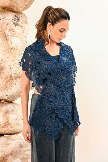 Day And Mood_Navy Organza, Satin, Modal Floral Cutwork Cape And Pant Set _at_Aza_Fashions