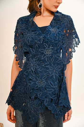 Buy_Day And Mood_Navy Organza, Satin, Modal Floral Cutwork Cape And Pant Set 