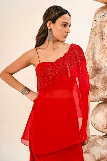 Day And Mood_Red Organza, Satin, Modal One Shoulder Cape Skirt Set _at_Aza_Fashions