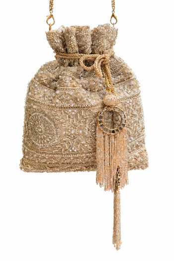 Shop_SG Collection By Sonia Gulrajani_Rose Gold Embroidery, Beads, Mirrors, Tassels Myra Work Potli _at_Aza_Fashions