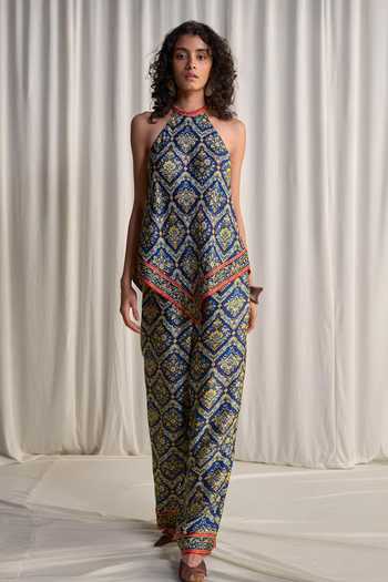 Dash And Dot_Multi Color Viscose Halter Neck Scarf Print Top And Pant Set _Online_at_Aza_Fashions