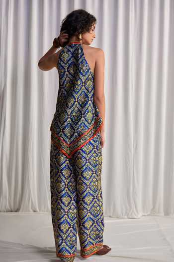 Shop_Dash And Dot_Multi Color Viscose Halter Neck Scarf Print Top And Pant Set _at_Aza_Fashions