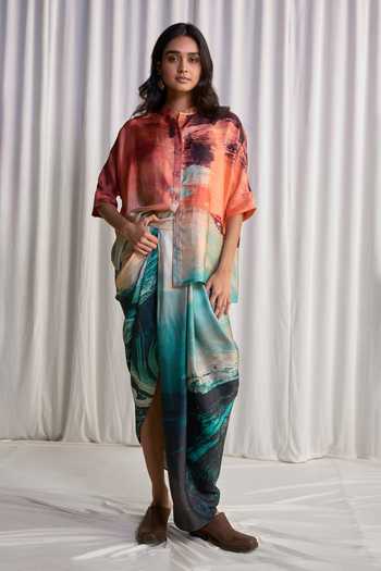 Dash And Dot_Multi Color Viscose Mandarin Abstract Brushstroke Print Boxy Shirt And Skirt Set _Online_at_Aza_Fashions